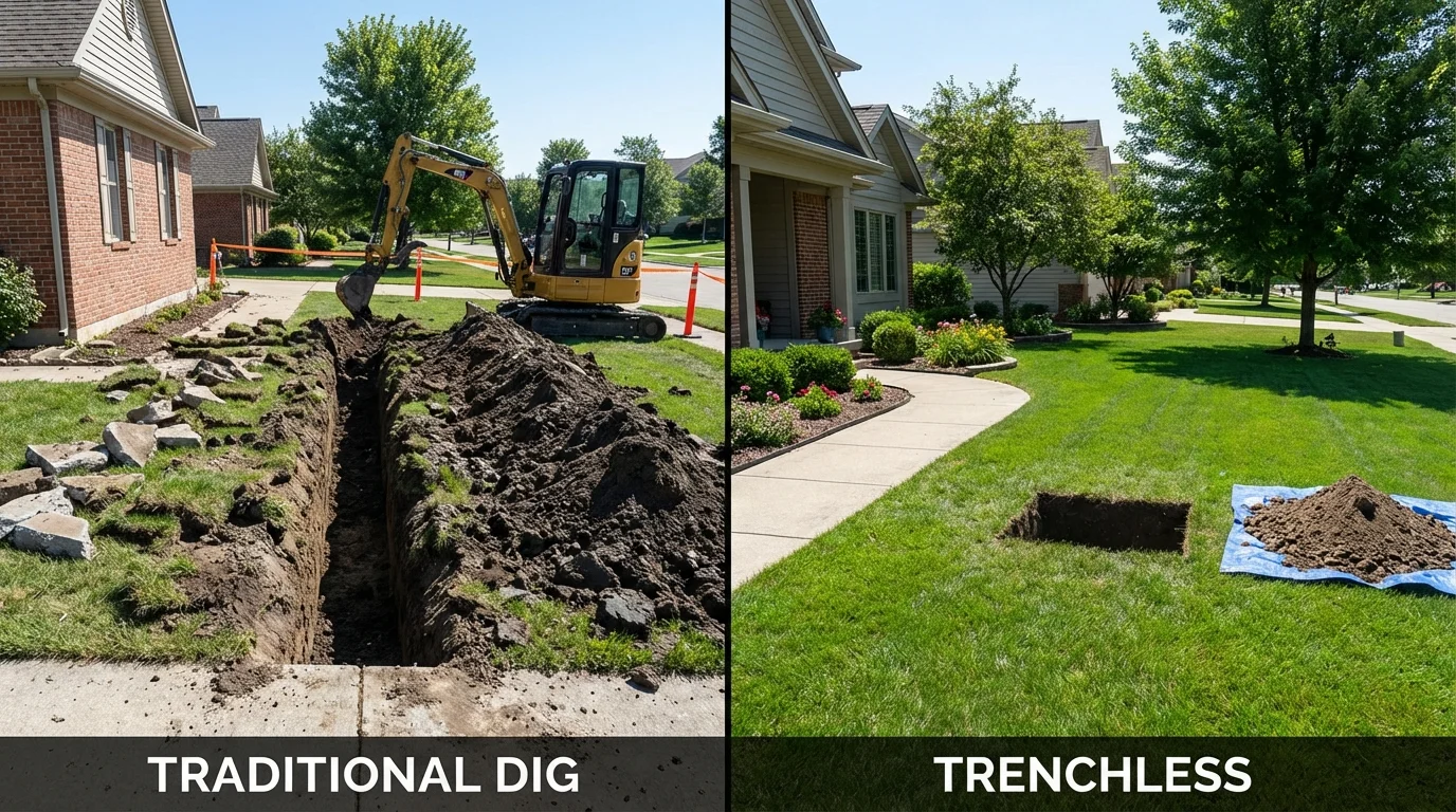 Trenchless sewer repair with minimal yard damage versus traditional excavation in San Juan, TX
