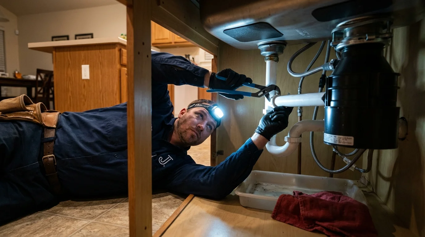 P-trap and supply line connections under a kitchen sink showing a common leak point in San Juan, TX